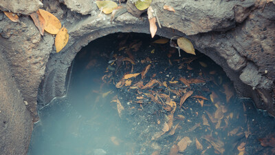 old storm drain sewer pipe with leaves