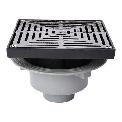 Frost Floor drain assembly heavy duty, 320mm grating square, large sump body cast iron vertical outlet 150mm DIA
