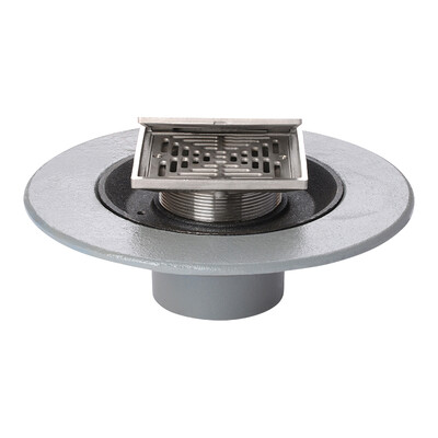 Frost Floor drain 150mm square nickel bronze grating with hinged cover plate and medium sump body with spigot outlet size 100mm