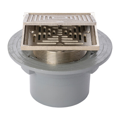 Frost Floor drain 150mm square nickel bronze grating with hinged cover plate with small sump body and spigot outlet size 100mm