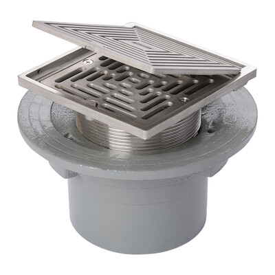 Frost Floor drain 150mm square stainless steel grating with hinged cover plate with small sump body and spigot outlet size 100mm