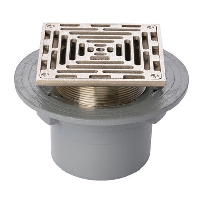 Frost Floor drain 150mm square nickel bronze grating with small sump body and threaded outlet size 4" BSP
