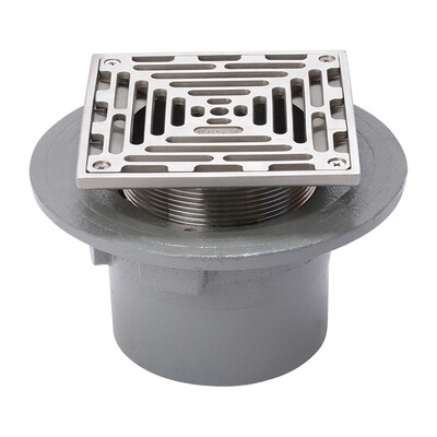 Frost Floor drain 150mm square stainless steel grating with small sump body and threaded outlet size 4" BSP