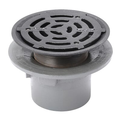 Frost Floor drain 200mm circular ductile iron grating with small sump body and threaded outlet size 4" BSP