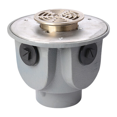 Frost Floor drain 200mm circular nickel bronze grating with large deep sump body and threaded outlet size 4" BSP