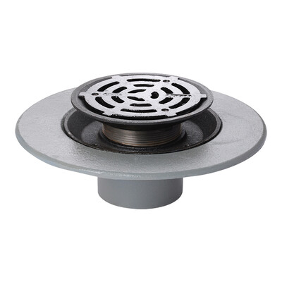 Frost Floor drain 200mm circular ductile iron grating with medium sump body and horizontal threaded outlet size 4" BSP