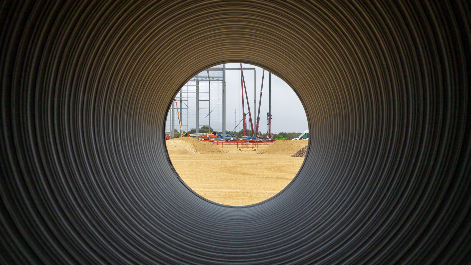 Looking through a large Aquaspira pipe on construction site in Doncaster