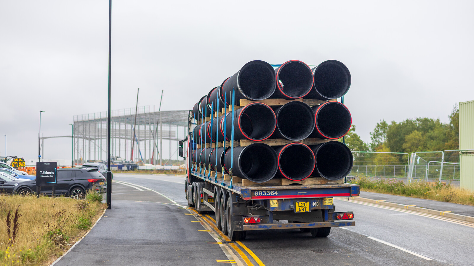 Aquaspira large diameter pipes being delivered to Doncaster warehouse project