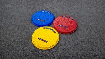 MuckStopper TPU Temporary Inspection Chamber Cover Blue Red Yellow