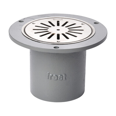 Frost Shower drain assembly trapped with clamp for vinyl floors, fixed grating 130mm round small sump body cast iron vertical 100mm spigot outlet