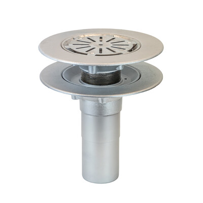 Frost Aluminium Warm Roof drain assembly - aluminium grating, fixed 240mm circular, medium sump body with clamp, vertical 200mm spigot outlet 100mm dia