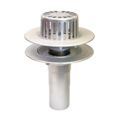 Frost Aluminium Warm Roof drain assembly - fixed anti-vortex dome 220mm circular, medium sump body with clamp, vertical 200mm spigot outlet 100mm dia