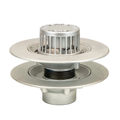 Frost Aluminium Warm Roof drain assembly - fixed anti-vortex dome 220mm circular, medium sump body with clamp, vertical threaded outlet 4" BSP