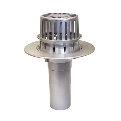 Frost Aluminium Inverted Roof drain assembly - fixed anti-vortex dome 220mm, medium sump body with clamp, vertical 200mm spigot outlet 100mm dia