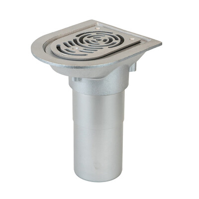 Frost Aluminium Balcony outlet, aluminium grating and clamping ring, small sump body, vertical 200mm spigot outlet 75mm dia