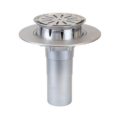 Frost Aluminium Inverted Roof drain assembly - aluminium grating, fixed 240mm circular, medium sump body with clamp, vertical 200mm spigot outlet 100mm dia