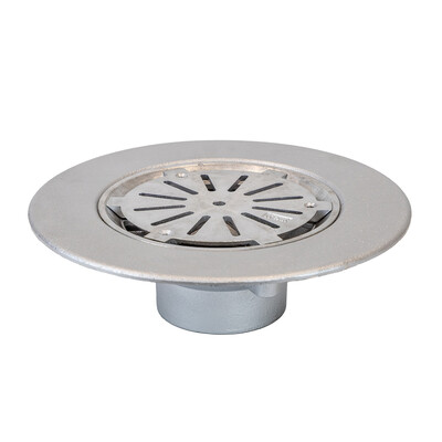 Frost Aluminium Cold Roof drain assembly - aluminium grating, fixed 240mm circular, medium sump body with clamp, vertical threaded outlet 3" BSP